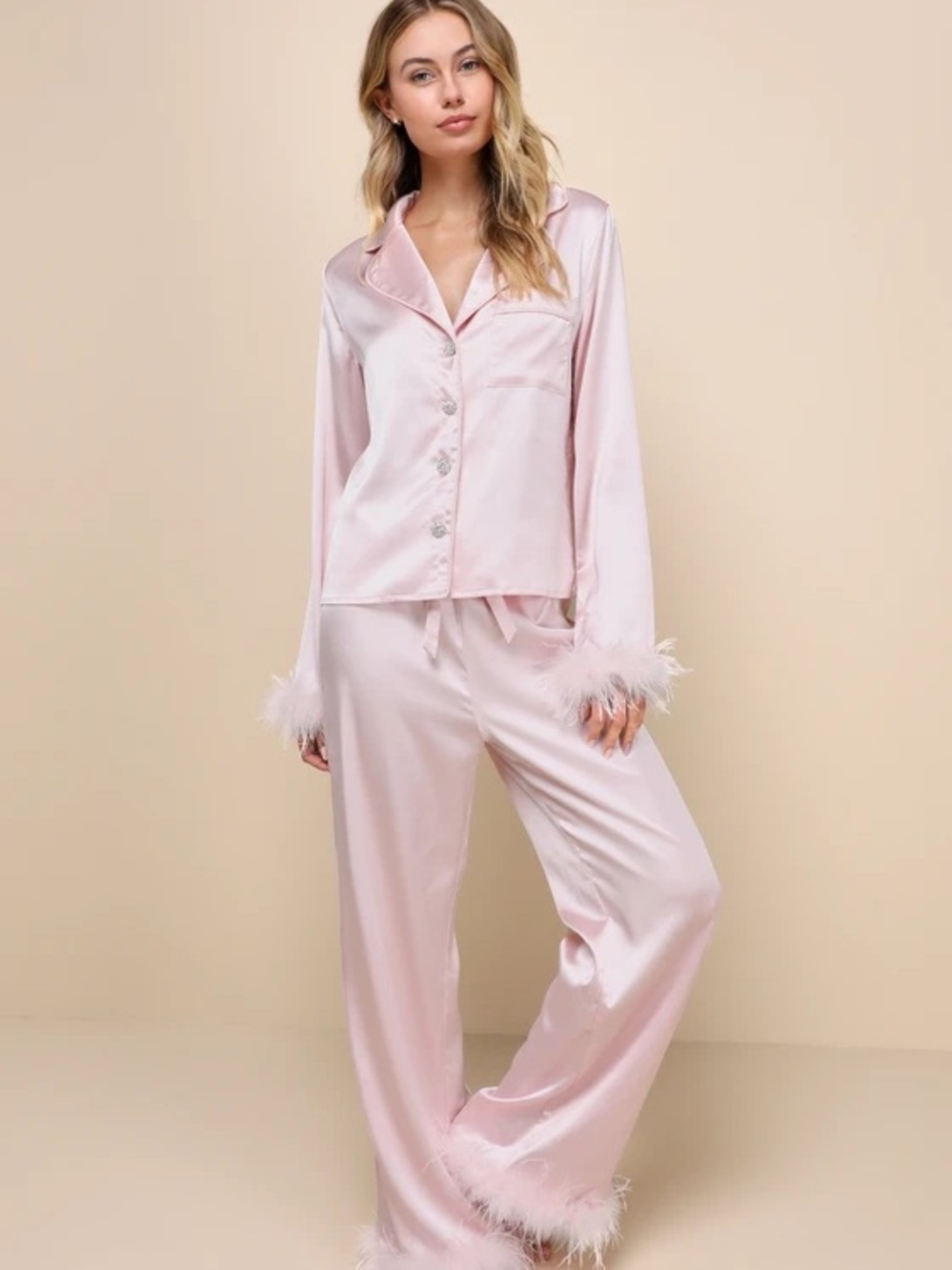Lulu's Satin Feather-Trim Pajama Set - Light Pink